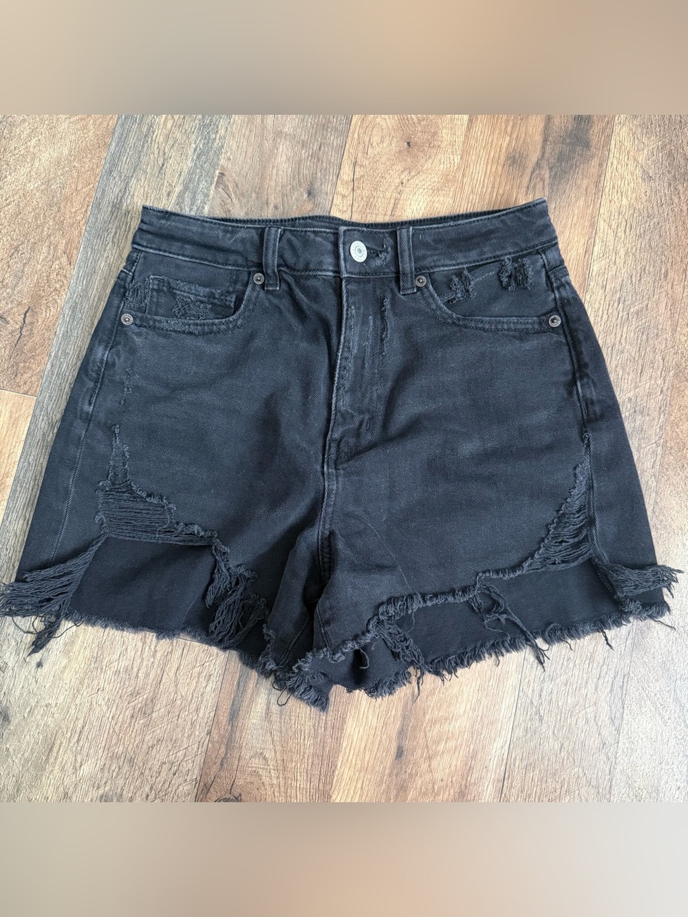 American Eagle Outfitters Black Distressed High-Rise Denim Shorts
